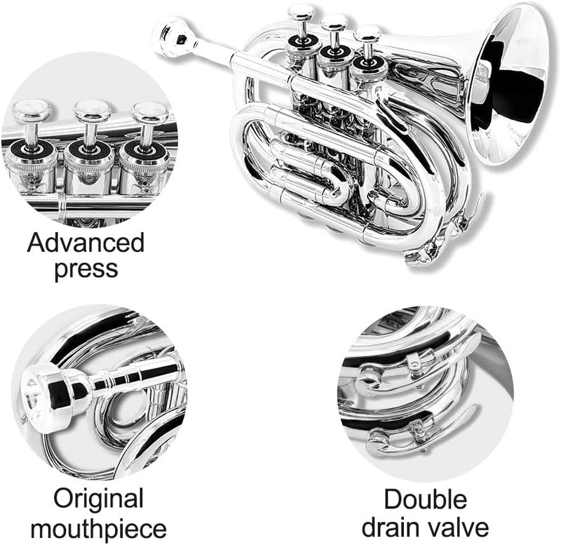 ModouString Bb Pocket Trumpet with Case,Mouthpiece, Cleaning Cloth Brass Musical Instruments for Students and Beginners (silver) - Image 4